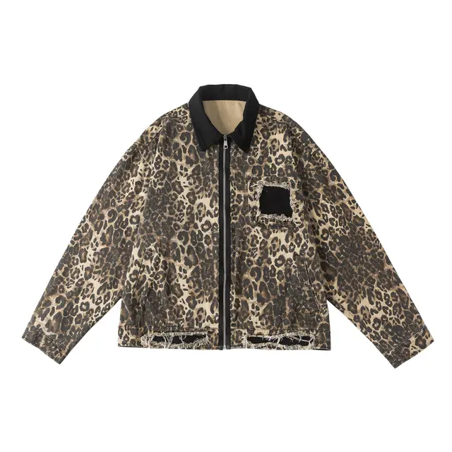 Vintage Leopard Print Washing Water Denim Jacket Coat Leopard Print - Shop at LoveMi