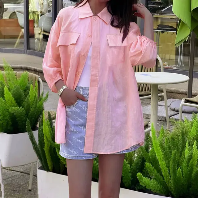 Fashion Personality Solid Color Long Sleeve Loose Cotton linen Shirt Pink - Shop at LoveMi