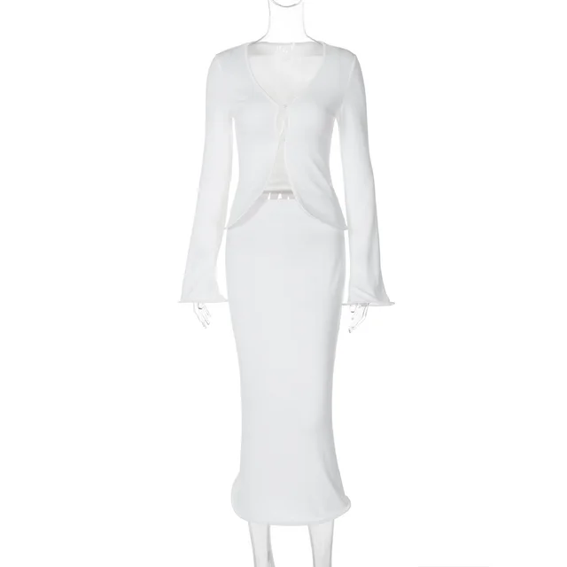 Long Sleeve Cardigan Top Slim Fit Bud Side Package Hip Skirt Suit White - Shop at LoveMi