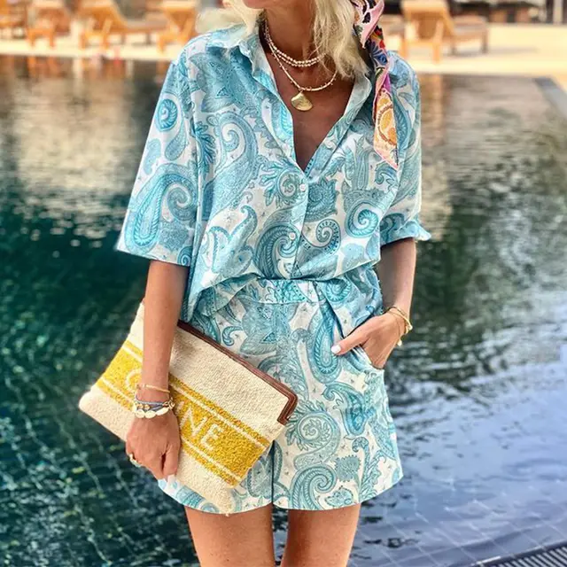 European American Fashion Floral Print Vacation Short Sleeve Shirt Shorts Two piece Suit Sky Blue - Shop at LoveMi