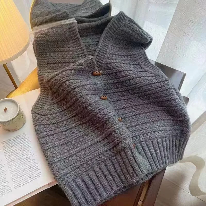 Horn Button Design V neck Three dimensional Pattern Cardigan Gray - Shop at LoveMi
