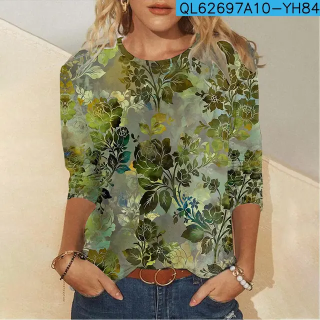 Floral Element Creative Casual Long Sleeve Women's T shirts Green Black Line - Shop at LoveMi