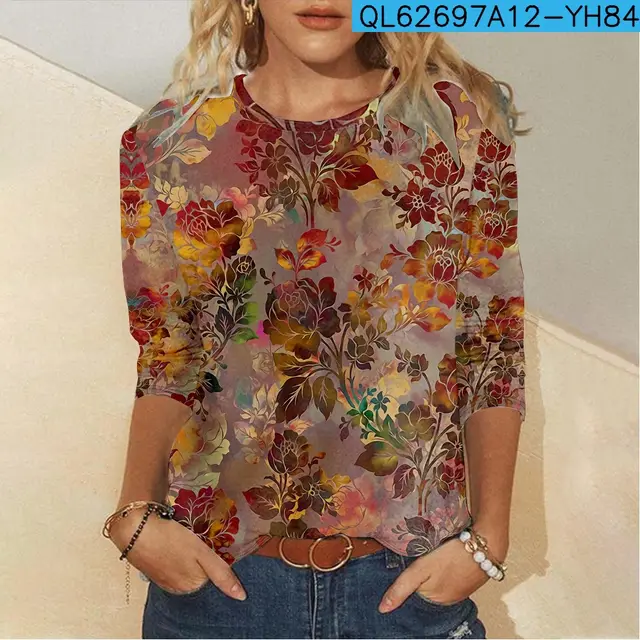 Floral Element Creative Casual Long Sleeve Women's T shirts Red Black Line - Shop at LoveMi