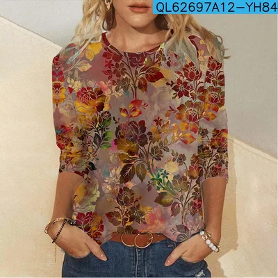 Floral Element Creative Casual Long Sleeve Women's T shirts Red - Shop at LoveMi