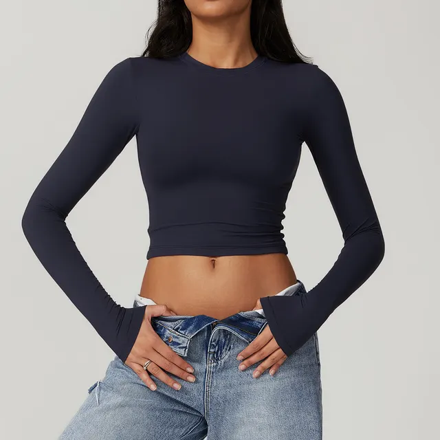 Tight Sports T shirt Quick drying Long Sleeve Yoga Wear Sports Fitness Top Iron Gray - Shop at LoveMi