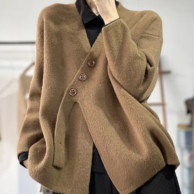 Women's Solid Color Simple Irregular Splicing Loose Jacket Brown - Shop at LoveMi