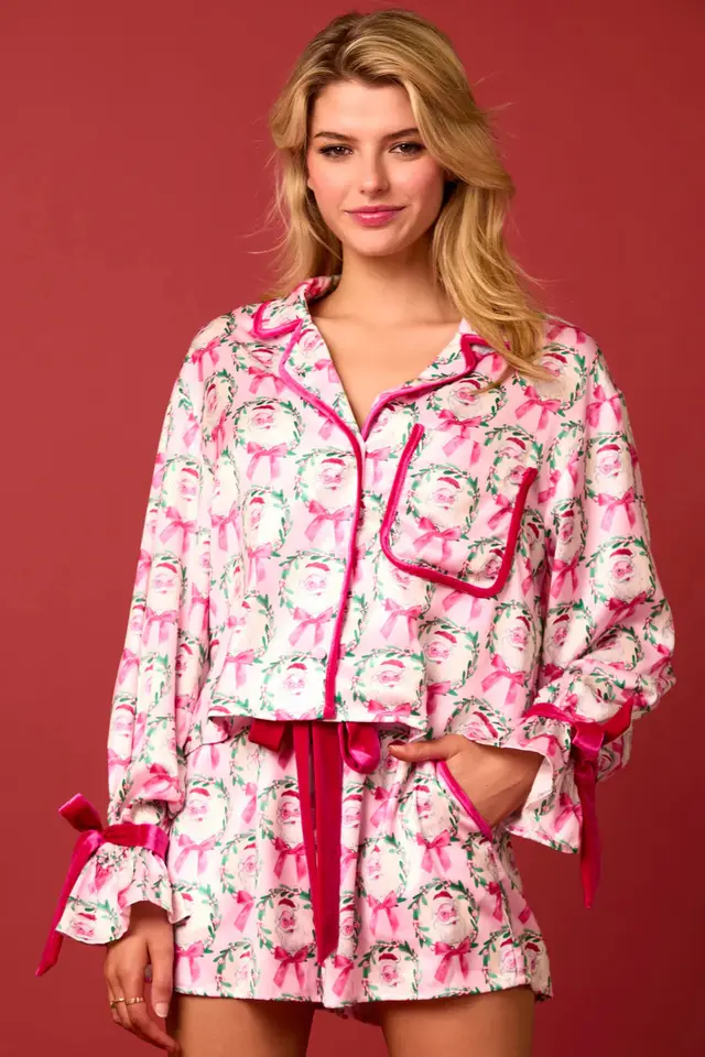 Women's Christmas Pajama Set Santa Tree Print Lapel Neck Button up Long Sleeve Tops Shorts Loungewear Outfit Rose Red Santa Claus - Shop at LoveMi