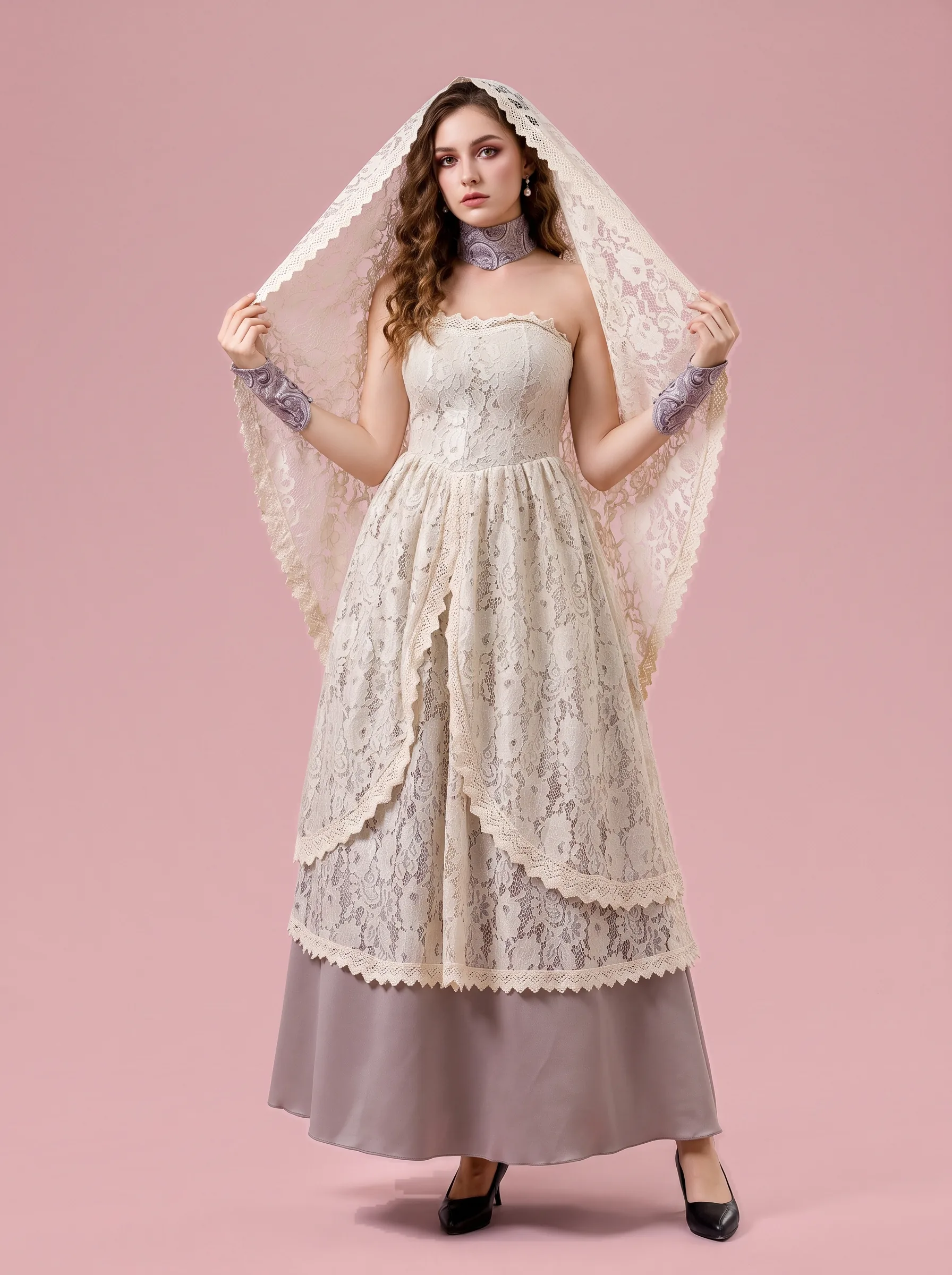 Ghost Bride Costume Lace Dress for Women - Ivory and Gray