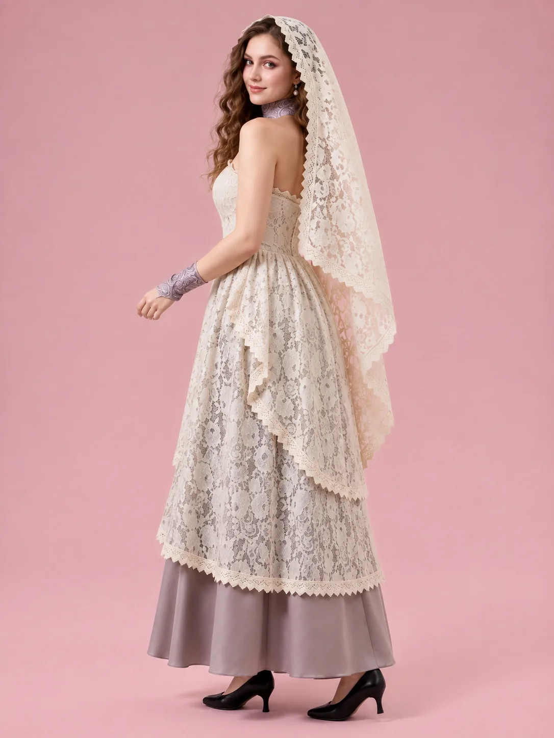 Ghost Bride Costume Lace Dress for Women - Ivory and Gray - View 2