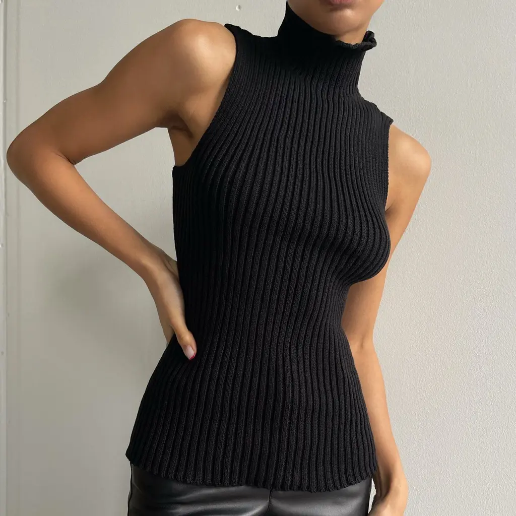 Turtleneck Sleeveless Top Fashion Casual - Black
