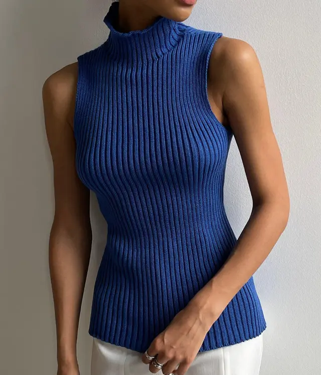 Turtleneck Sleeveless Top Fashion Casual Blue - Shop at LoveMi
