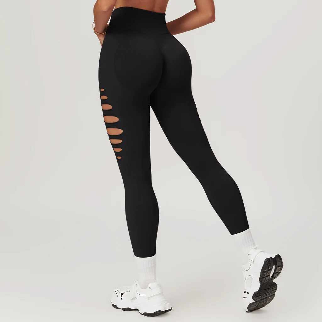 European And American Hollow Seamless Skinny Yoga Pants Peach Hip High Waist Fitness Pants - Advanced Black