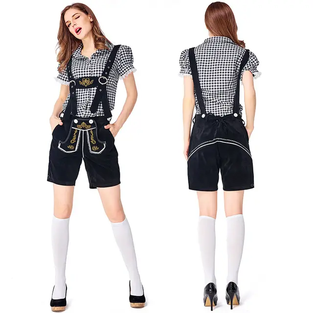 German Traditional Beer Festival Clothing Plaid Overalls Suit Women Black Plaid Black Strap - Shop at LoveMi