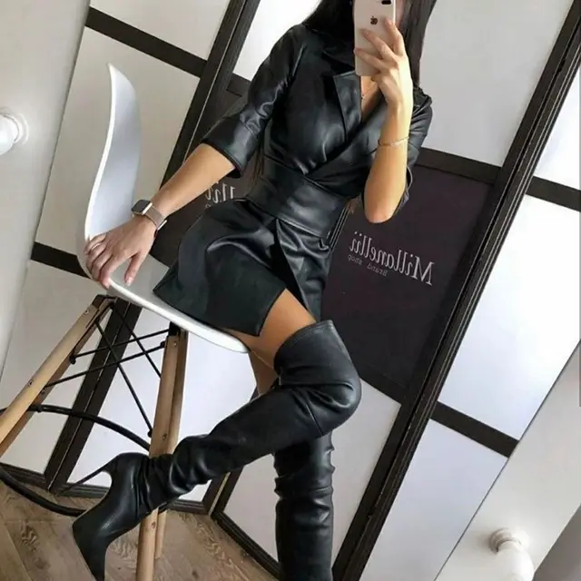 Solid Color PU Leather Suit Collar Medium Long Sleeve Women's Dress Leather Coat Belted Black - Shop at LoveMi