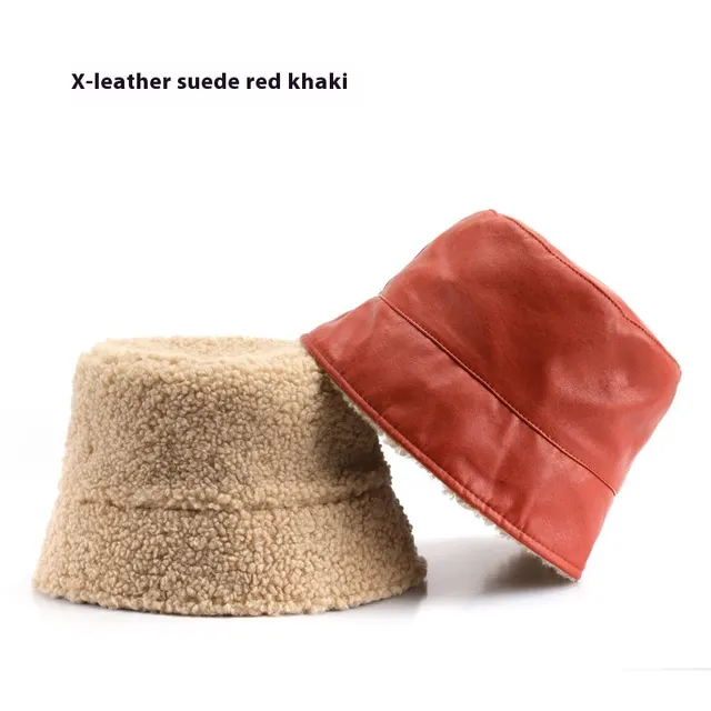Personalized Women's Spring And Autumn Double sided Solid Color Leather Bucket Hat Outdoor Sports Red Khaki Color - Shop at LoveMi