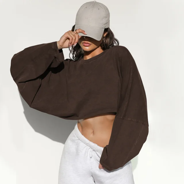 Round Neck Sweater European And American Women's Short Sports Bottoming Shirt Brown - Shop at LoveMi