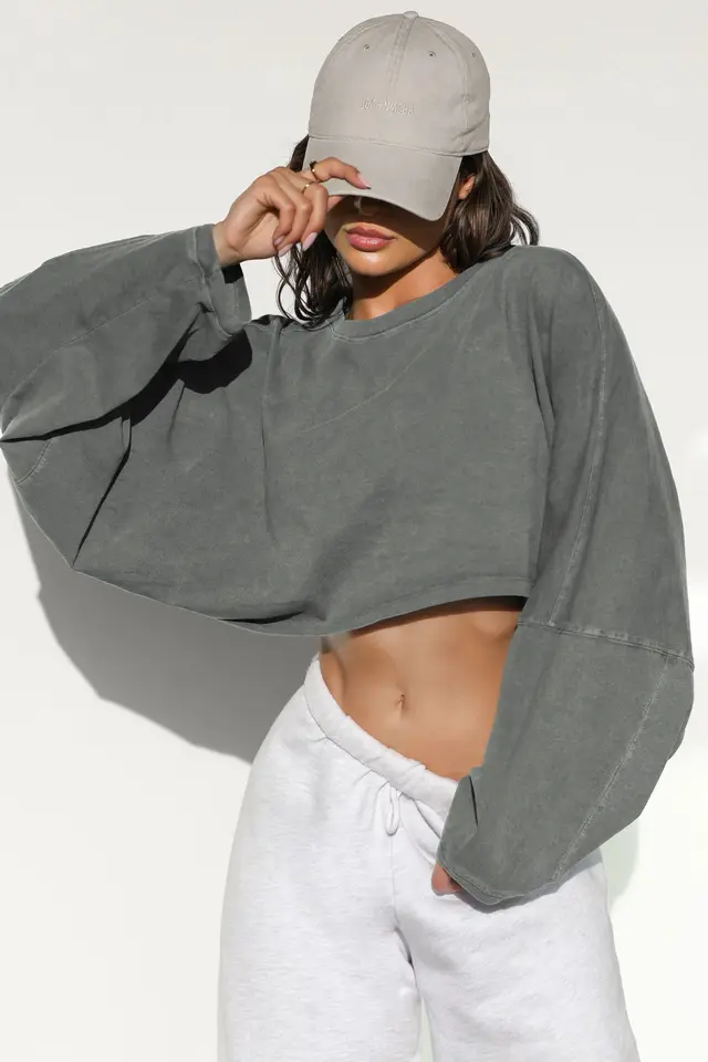 Round Neck Sweater European And American Women's Short Sports Bottoming Shirt Light Gray - Shop at LoveMi
