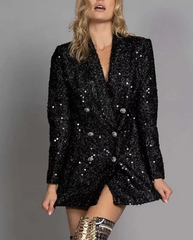 Fashion Ladies V neck Double Breasted Black With Paillettes Slim Fit Long Shirt Black - Shop at LoveMi