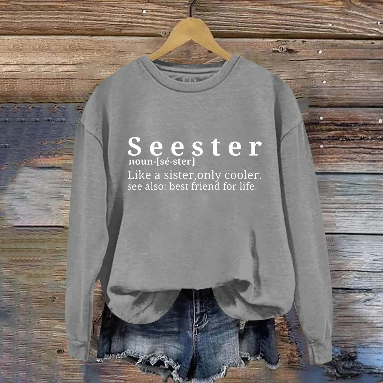 Letter Simplicity Printed Round Neck Women's Sweater - Gray
