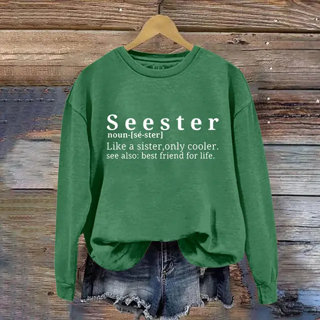 Letter Simplicity Printed Round Neck Women's Sweater Green - Shop at LoveMi