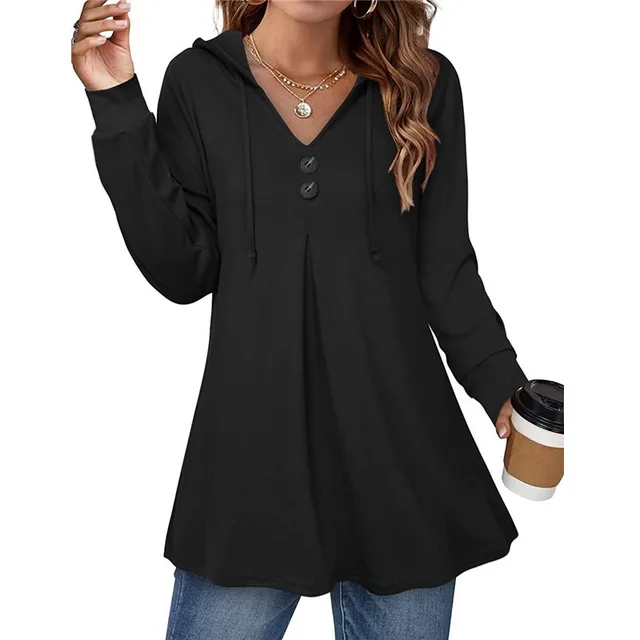 Casual Button V neck Long Sleeve Hooded Top Sweaters Women's Clothing Black - Shop at LoveMi