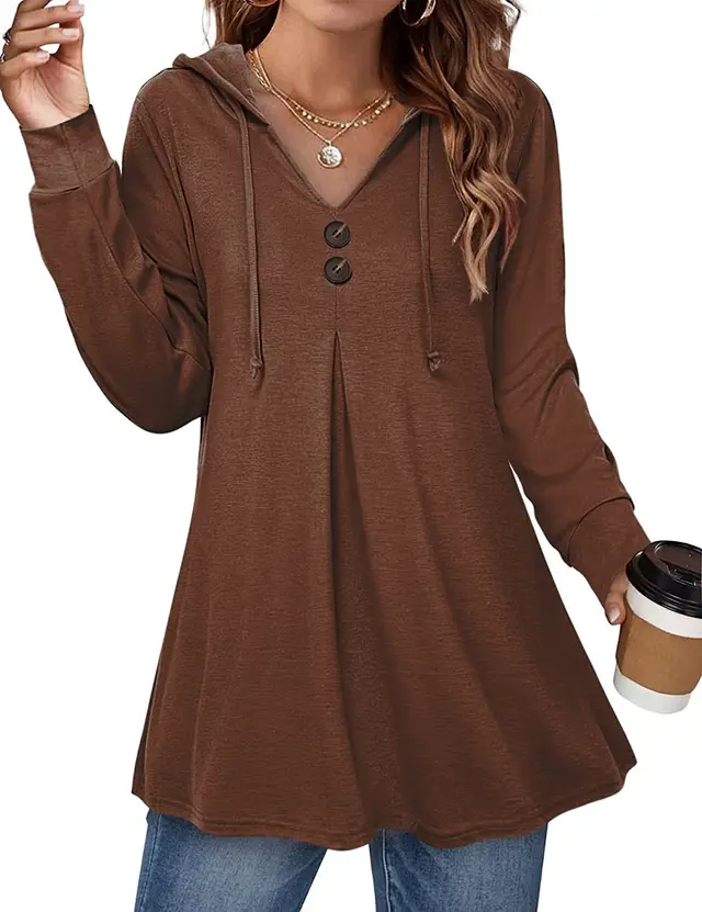 Casual Button V neck Long Sleeve Hooded Top Sweaters Women's Clothing Brown - Shop at LoveMi