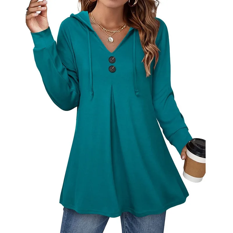 Casual Button V-neck Long Sleeve Hooded Top Sweaters Women's Clothing - Light Blue
