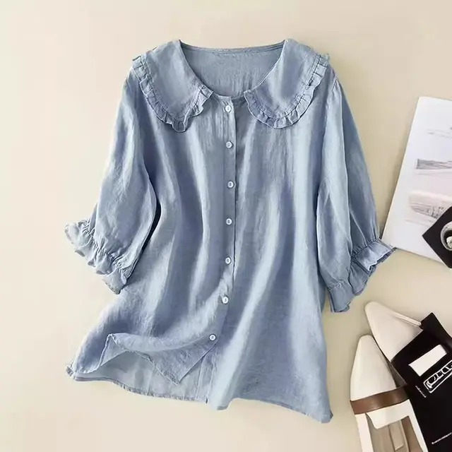 Loose Half Sleeve Shirt Women's Col Claudine Top Light Blue - Shop at LoveMi