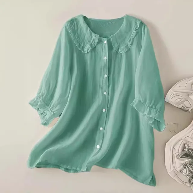 Loose Half Sleeve Shirt Women's Col Claudine Top Light Green - Shop at LoveMi