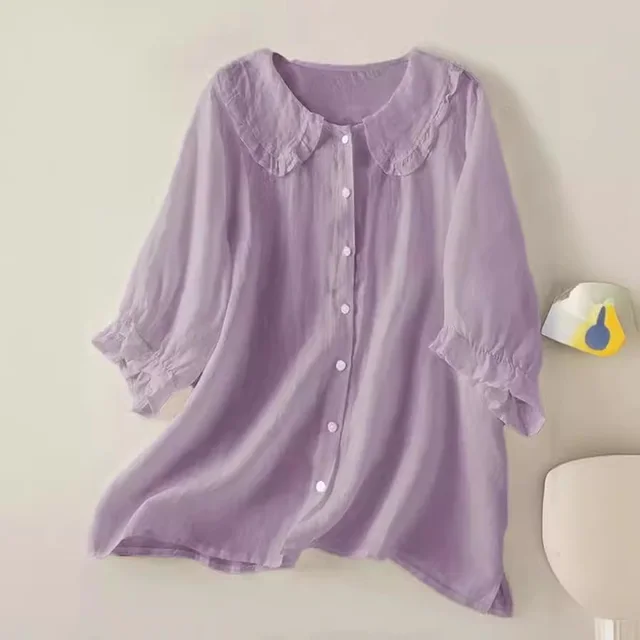 Loose Half Sleeve Shirt Women's Col Claudine Top Violet - Shop at LoveMi