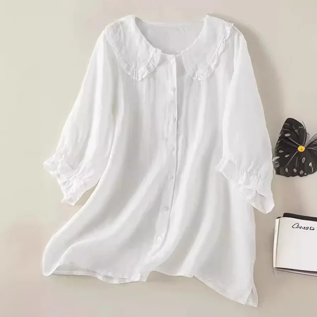 Loose Half Sleeve Shirt Women's Col Claudine Top White - Shop at LoveMi