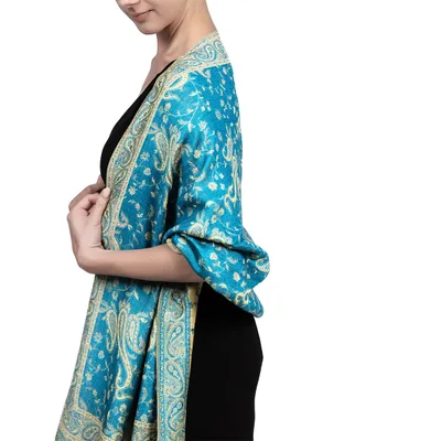 Ethnic Style Vintage Tassel Shawl Middle East Paisley Jacquard Light Blue - Shop at LoveMi