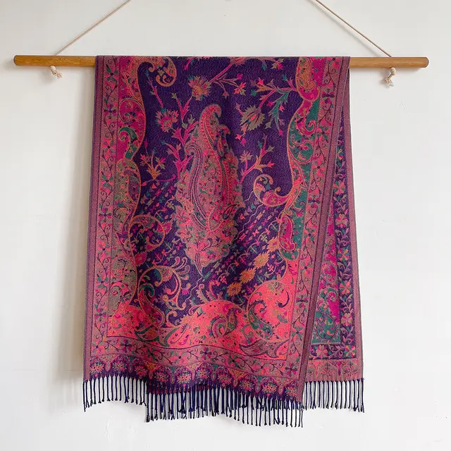 Cashmere like Ethnic Style Shawl Thickened Warm Tassel Scarf Purple - Shop at LoveMi
