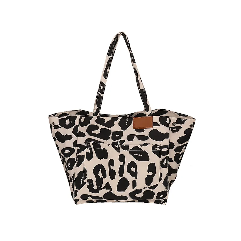 Popular Leopard Print Large Capacity Nylon Canvas Tote Dot Bag - Black