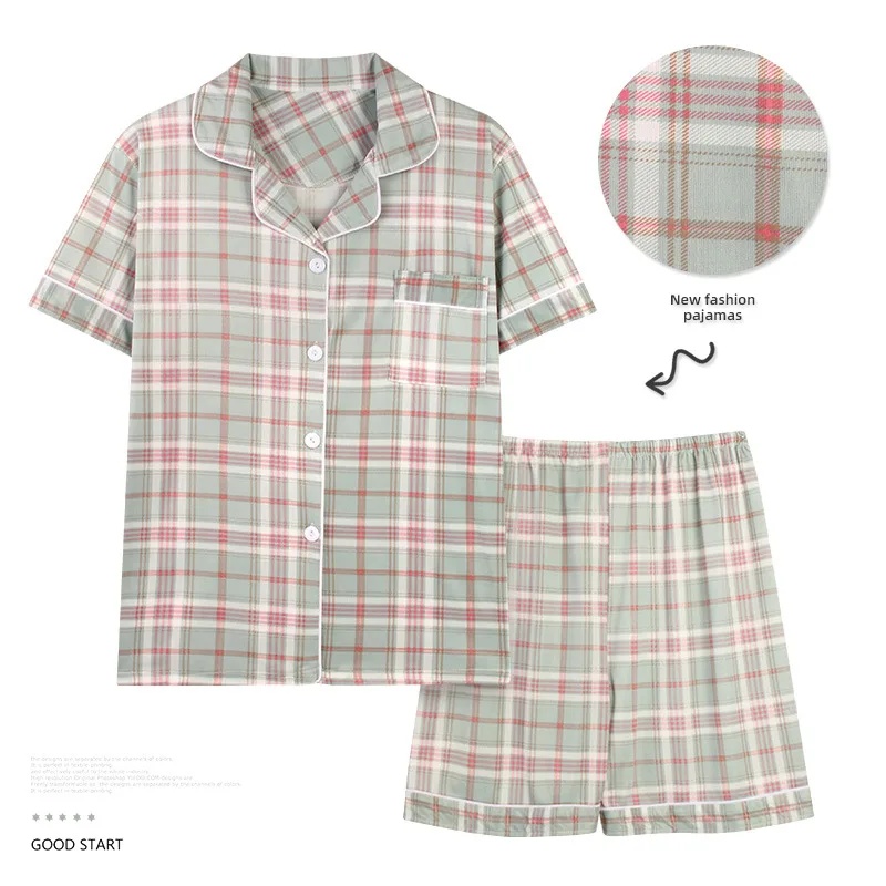 Pajamas Women's Suit Short Sleeve Shorts - Green Plaid
