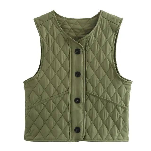 Round Neck Women's Clothes Hot selling Rhombus Quilted Vest Army Green - Shop at LoveMi