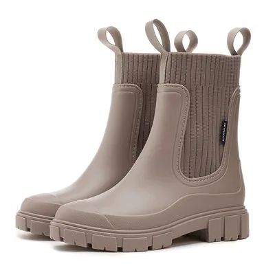 Wear resistant Height Increasing Waterproof Non slip Outdoor Wearable Elastic Band Women's Rain Boots Khaki - Shop at LoveMi
