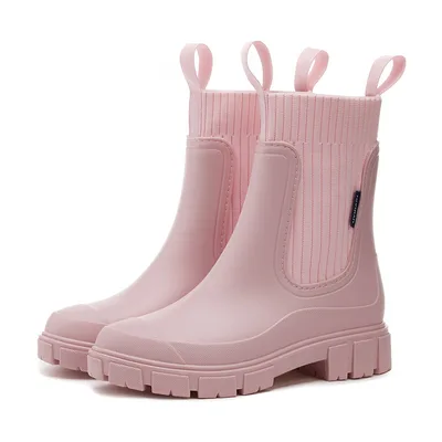 Wear resistant Height Increasing Waterproof Non slip Outdoor Wearable Elastic Band Women's Rain Boots Pink - Shop at LoveMi