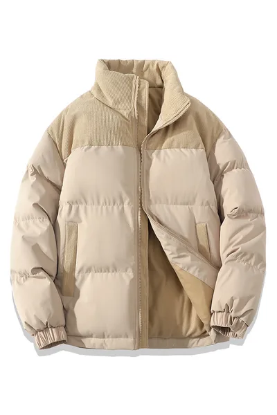 Winter Stand Collar Contrast colored Coat Cotton Padded Jacket For Men Women Clothing Khaki - Shop at LoveMi