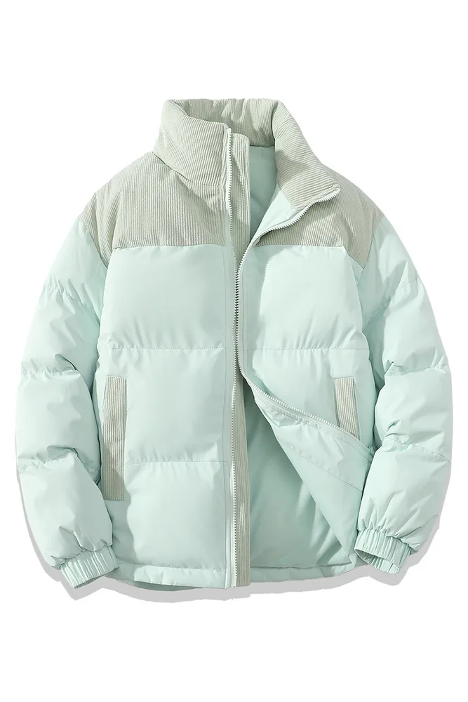 Winter Stand Collar Contrast-colored Coat Cotton Padded Jacket For Men Women Clothing - Light Cyan