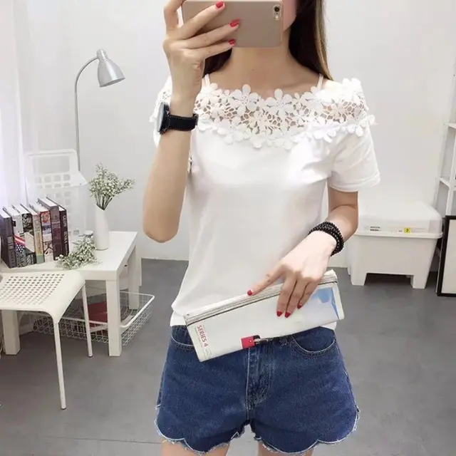Crocheted Cutout Lace Stitching Off the shoulder Off neck Short Sleeve T shirt White - Shop at LoveMi