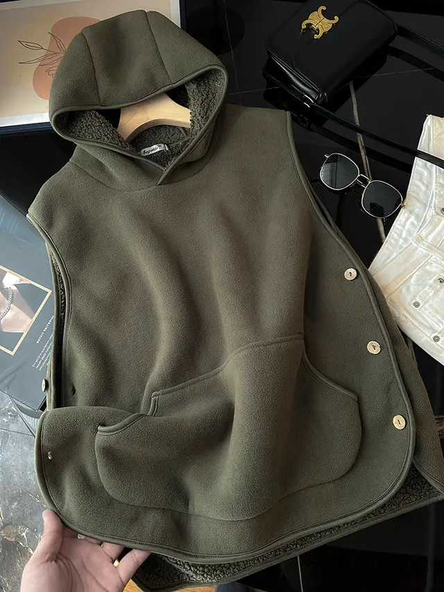 Couple's Lambswool Fleece Vest Warm Hooded Army Green - Shop at LoveMi