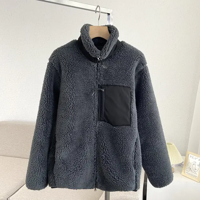 Couple's Autumn And Winter New Loose Zip Windproof Lamb Wool Coat For Women Dark Gray - Shop at LoveMi
