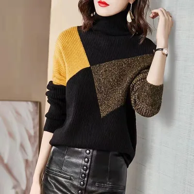 Women's Loose High Collar Color Matching Sweater Yellow - Shop at LoveMi