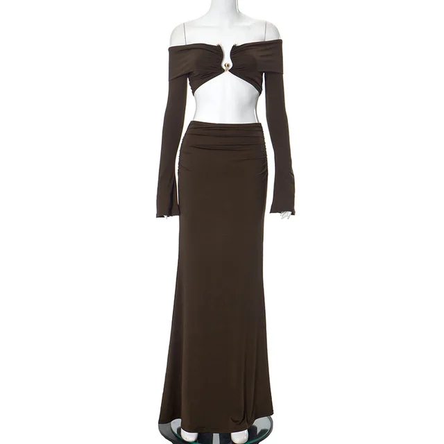 Off shoulder Midriff baring Long Sleeve Long Dress Suit Brown - Shop at LoveMi