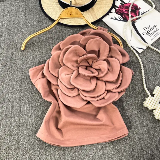 Pure Desire Three dimensional Large Flower Diagonal Collar One shoulder Top Lotus Root Color - Shop at LoveMi