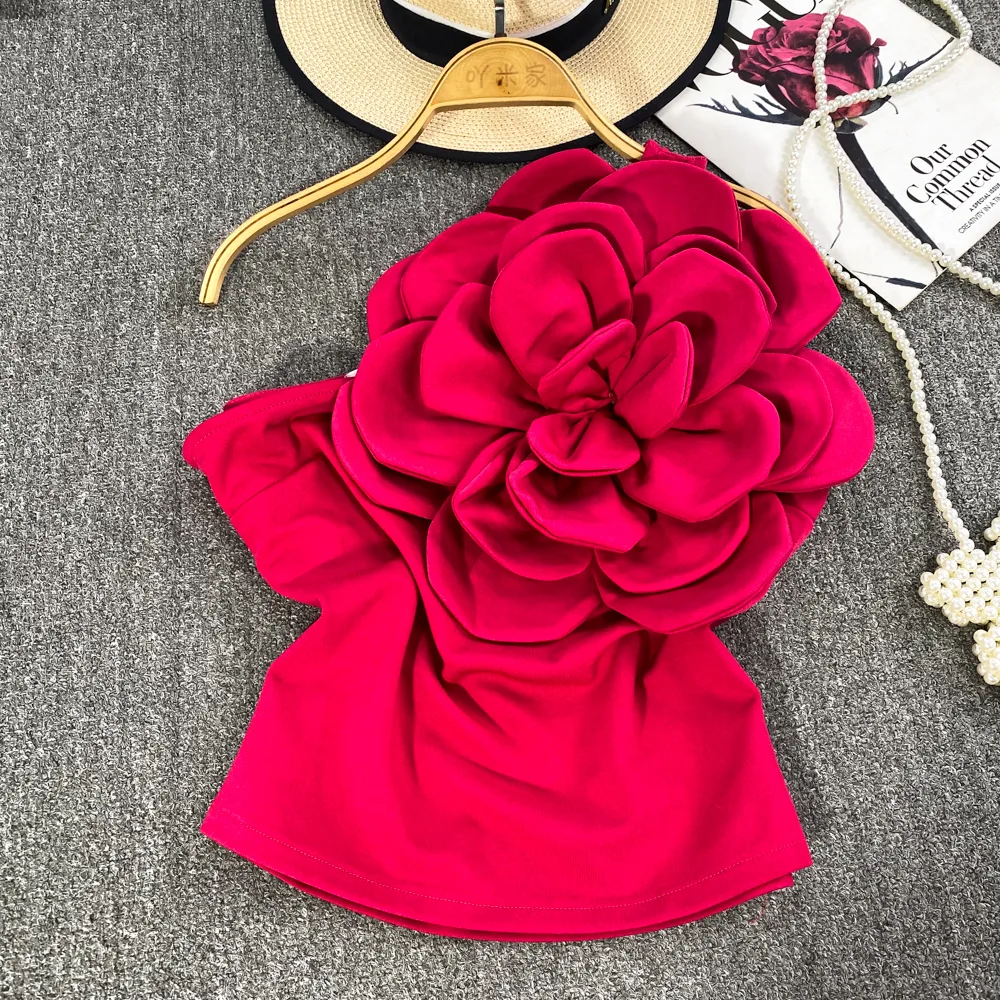 Pure Desire Three-dimensional Large Flower Diagonal Collar One-shoulder Top - Rose Red