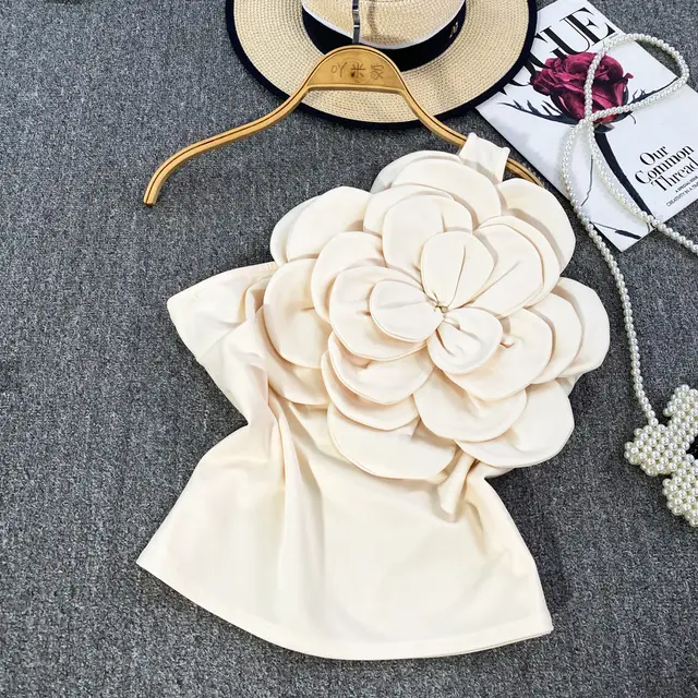 Pure Desire Three dimensional Large Flower Diagonal Collar One shoulder Top White - Shop at LoveMi