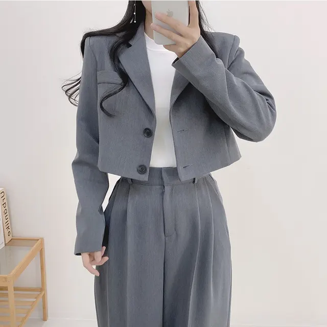 Women's Minimalist French Collar Jacket And Pants Gray Coat - Shop at LoveMi