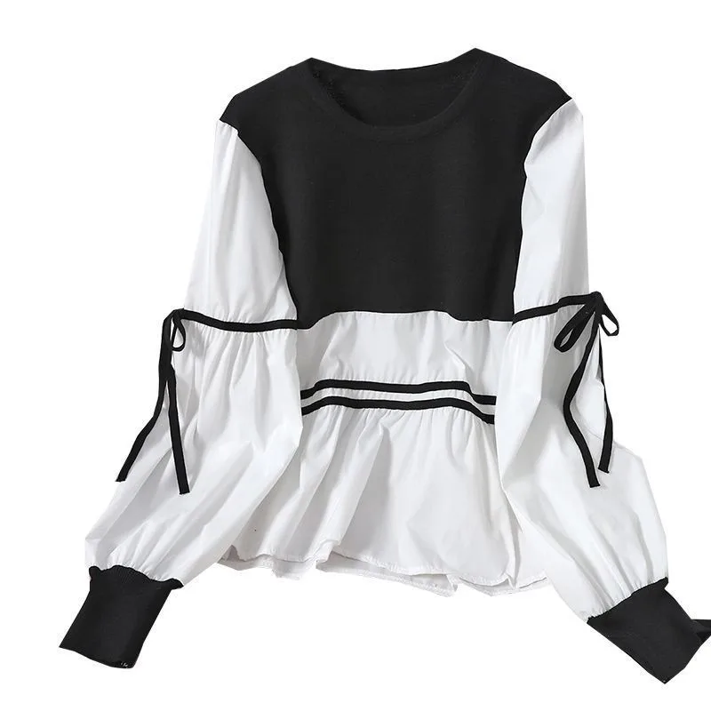 Striped Top Drawstring Long Sleeve Inner Wear Loose Shirt - Black